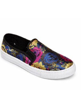 Qupid Reba-159C Women Slip-On Sneakers Floral Brocade Casual Loafer